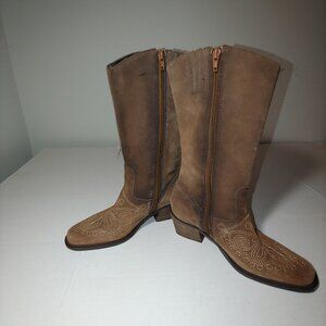 Dr. Scholl's Lasso Cowgirl Mid Calf Embroidered Suede Leather Boots Sz 7M Brown